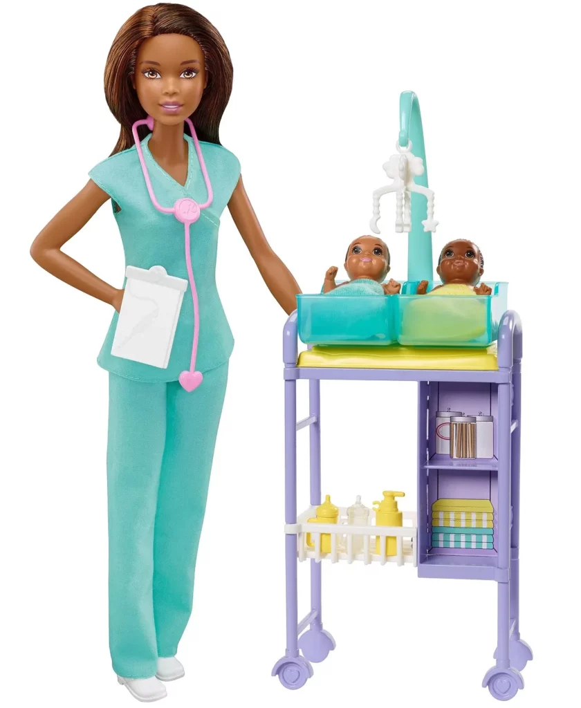 Dr. Barbie cares for two infants.