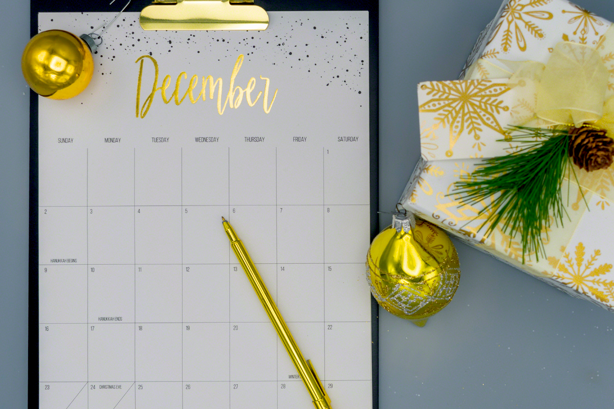 A calendar with December's page open.