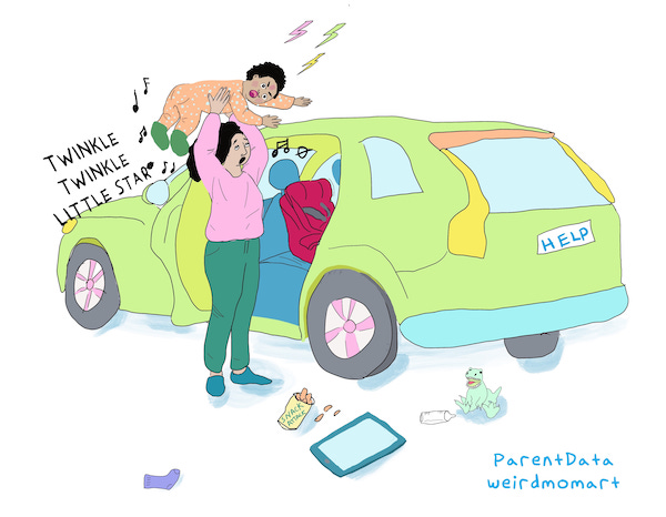 An illustration of a parent trying to put a screaming infant into a green car, with children's toys scattered around.