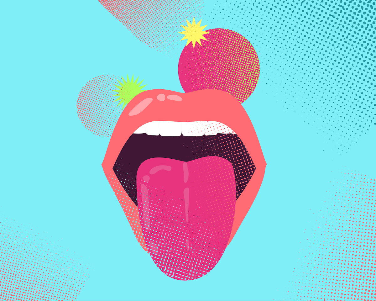An illustration of a mouth with a tongue sticking out on a blue background.