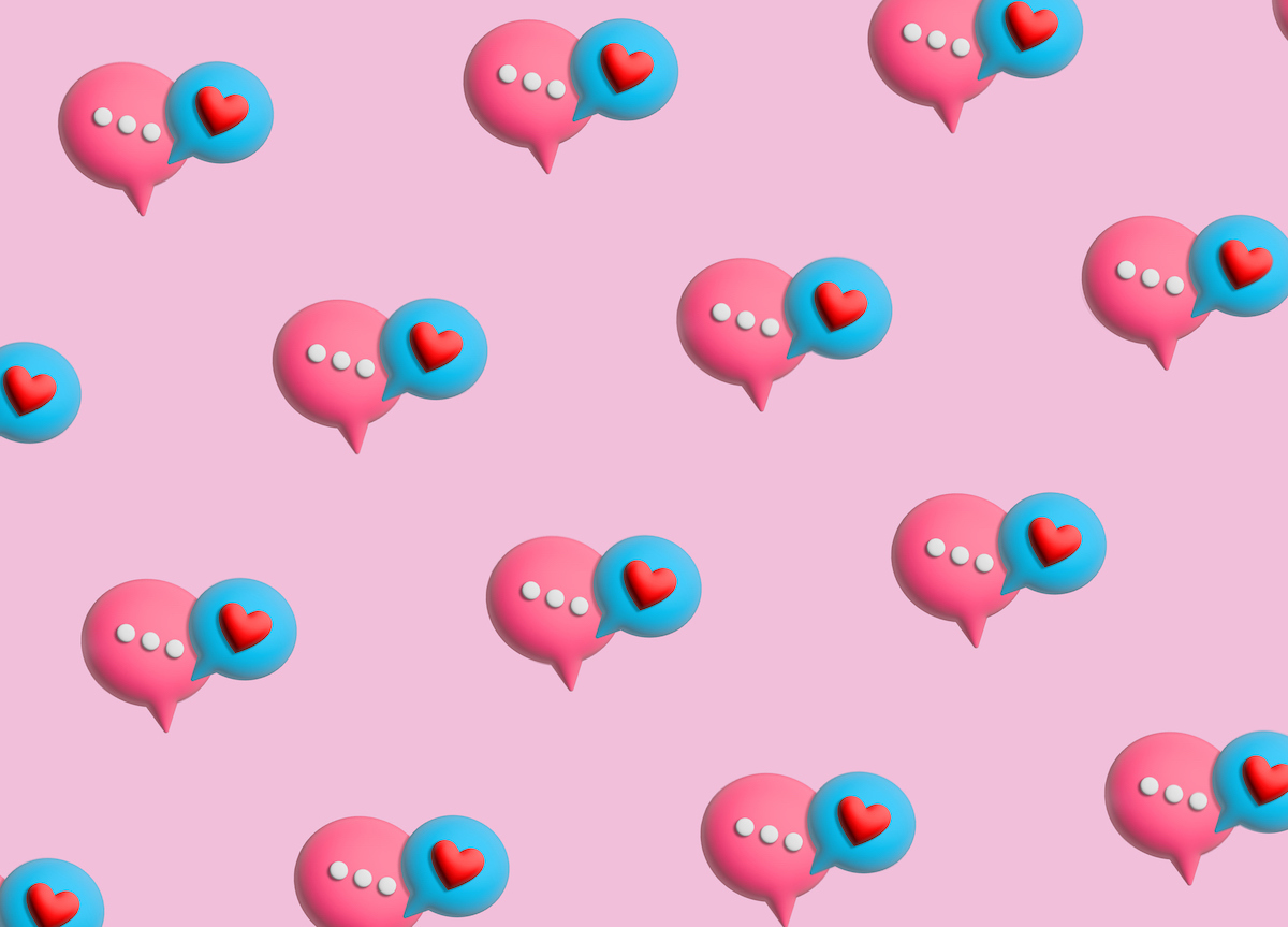 Pattern on a pink background with pink and blue social media icons.