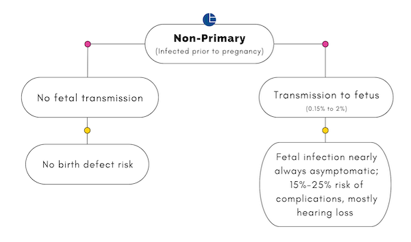 A flow chart for understanding CMV infections, non-primary, no fetal transmission vs. fetal transmission.