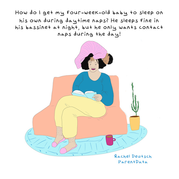 An illustration of a parent sitting on a couch with a baby napping on top of her head.