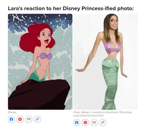 A side-by side of Ariel from the Little Mermaid and a real human body, photoshopped to the same proportions.