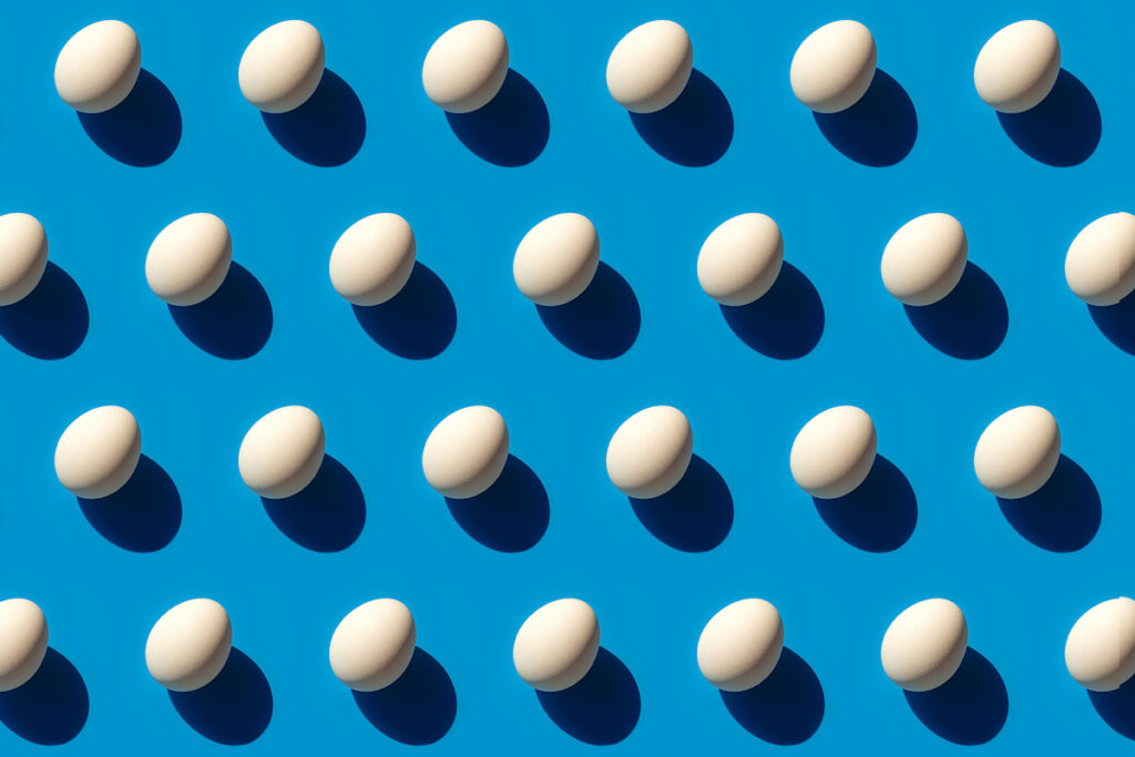 White eggs arranged in rows on a blue background.