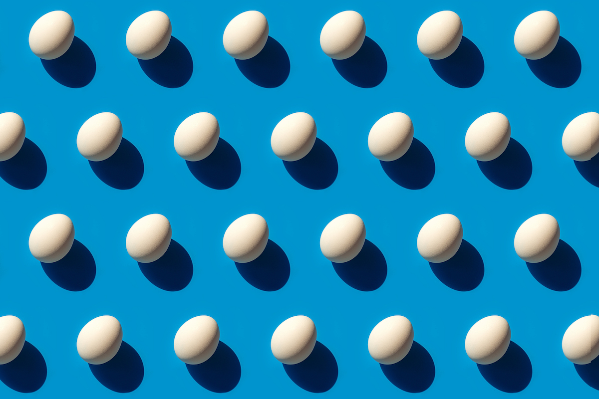 White eggs arranged in rows on a blue background.