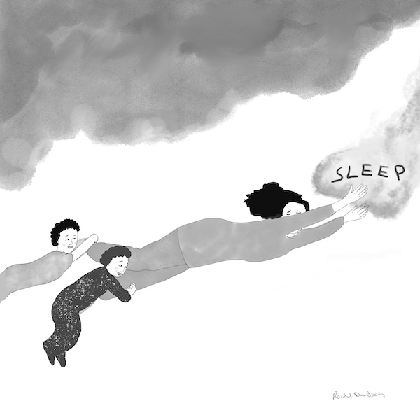 A sketch of a sleeping parent grabbing a cloud labeled "sleep" while two children hang on to the parent's legs.