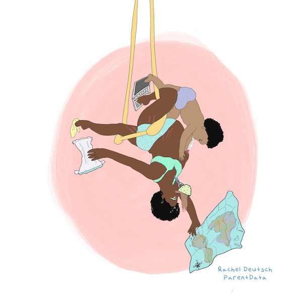 Illustration of a parent hanging upside-down from a trapeze with a baby.