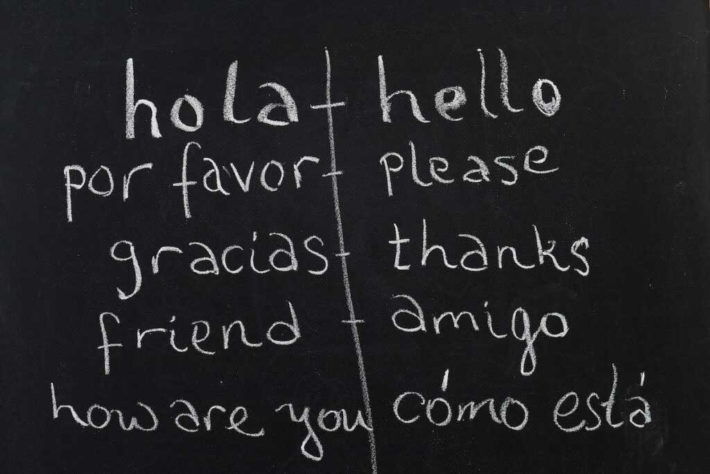 A blackboard shows translations of Spanish and English words.