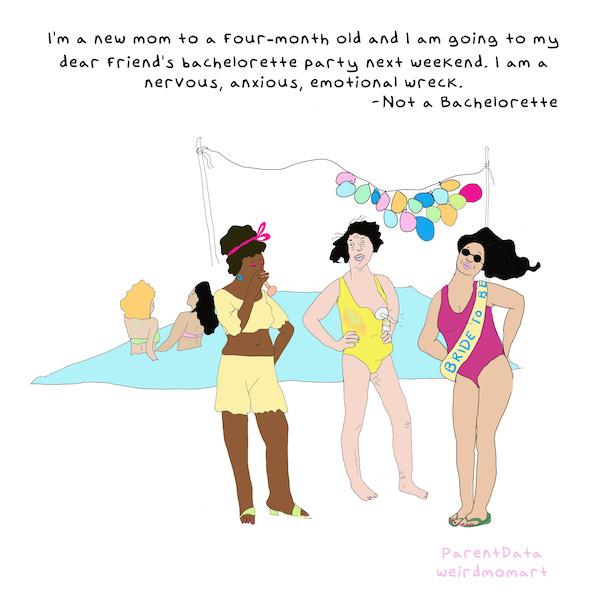 An illustration of three women standing by a pool for a party, with the one in the middle pumping and looking stressed.