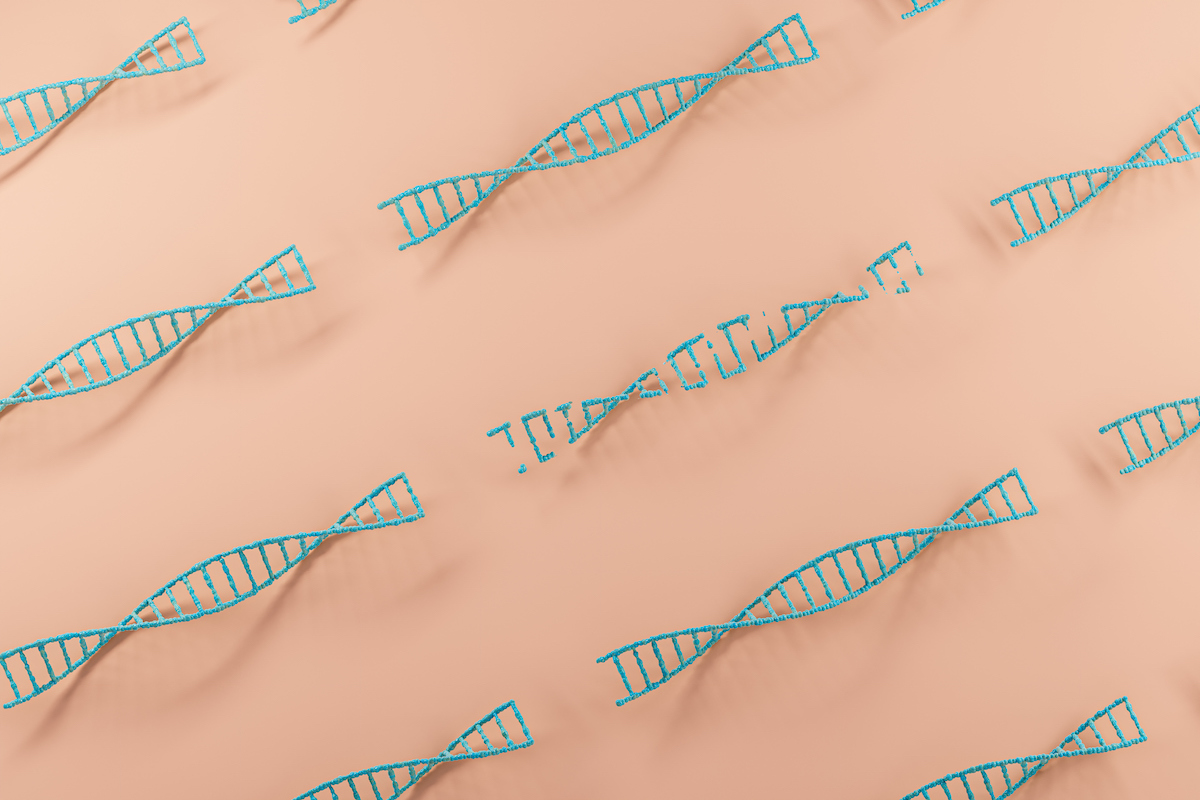 Illustrations of DNA sequences on a peach background. The center DNA illustration is cut and damaged.