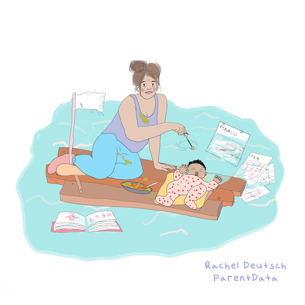 An illustration of a parent on a life raft with a screaming baby.
