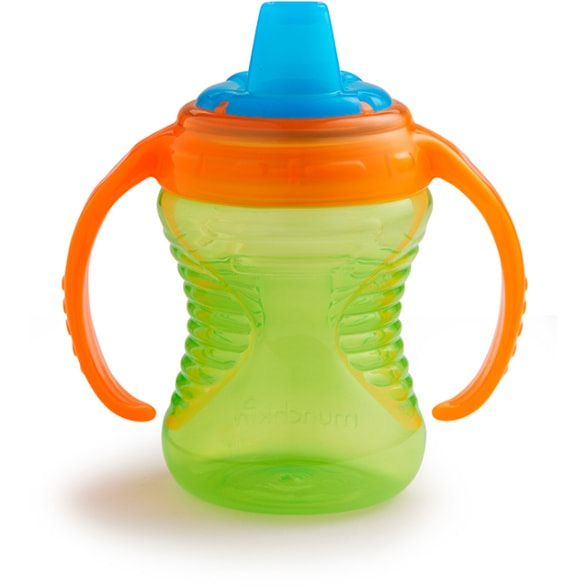 An image of a green sippy cup with an orange handle and blue spout.