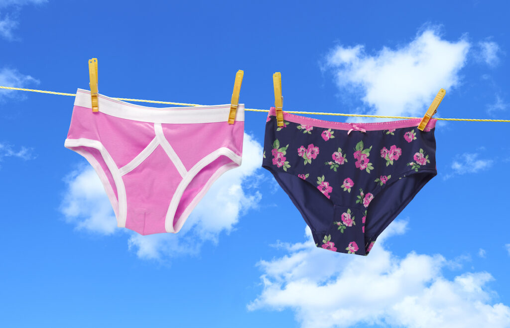 Pink and blue flowered underwear hang on a clothesline against a blue sky.