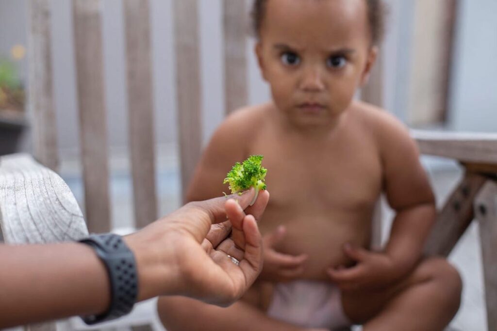An angry looking baby suspiciously eyes a green leaf help by an outstretched hand.