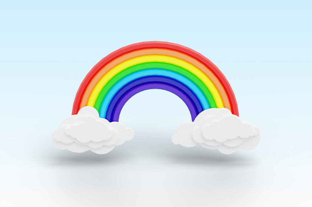 An illustration of a colorful rainbow and clouds.