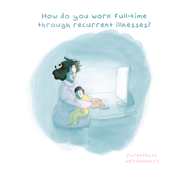 Illustration of sick parent holding baby while working on a computer.