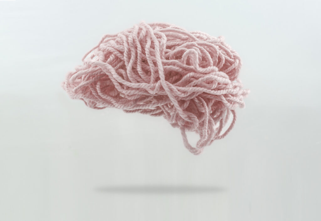 An illustration of a brain maid out of a tangle of pink wool thread.