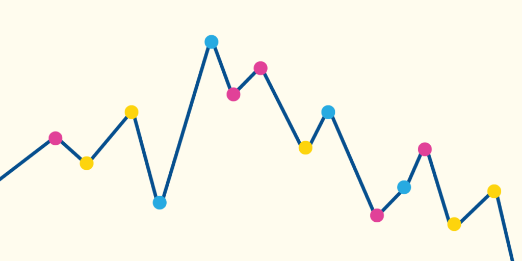 A line graph with pink, yellow, and blue dots representing life's ups and downs.