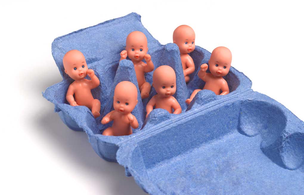 Plastic toy babies are arranged in a blue egg crate.