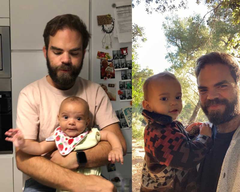 The author, Kevin Maguire is seen holding his baby in two side-by-side shots. In the first, taken with his baby as a newborn, he appears withdrawn. In the second, with his baby a year later, he is much happier.