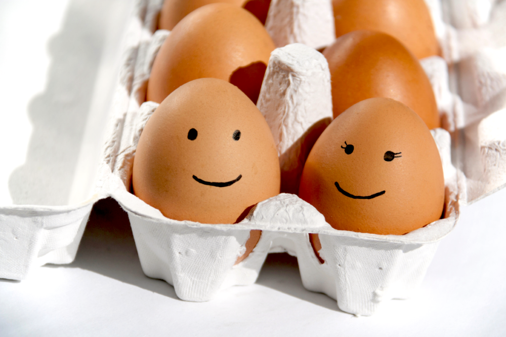 Brown eggs with smiley faces drawn on them in a white egg carton.