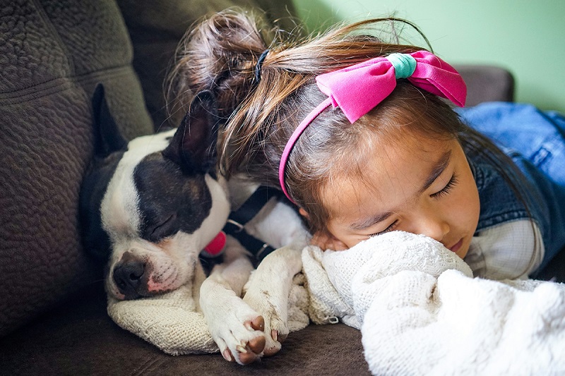 kid sleeping with the dog