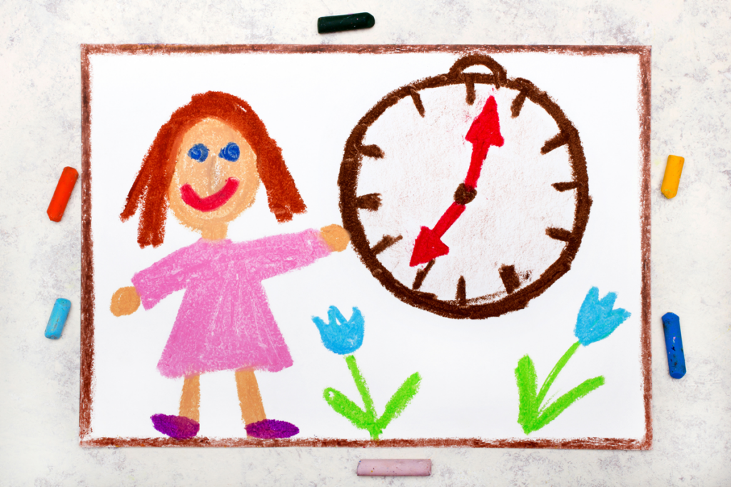 A child's crayon drawing shows a large clock being held up by a figure in a pink dress.