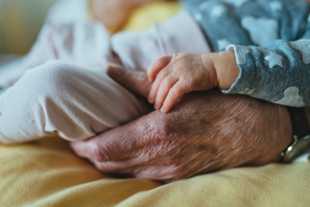 A close-up of the hands of an older relative holding a newborn baby.