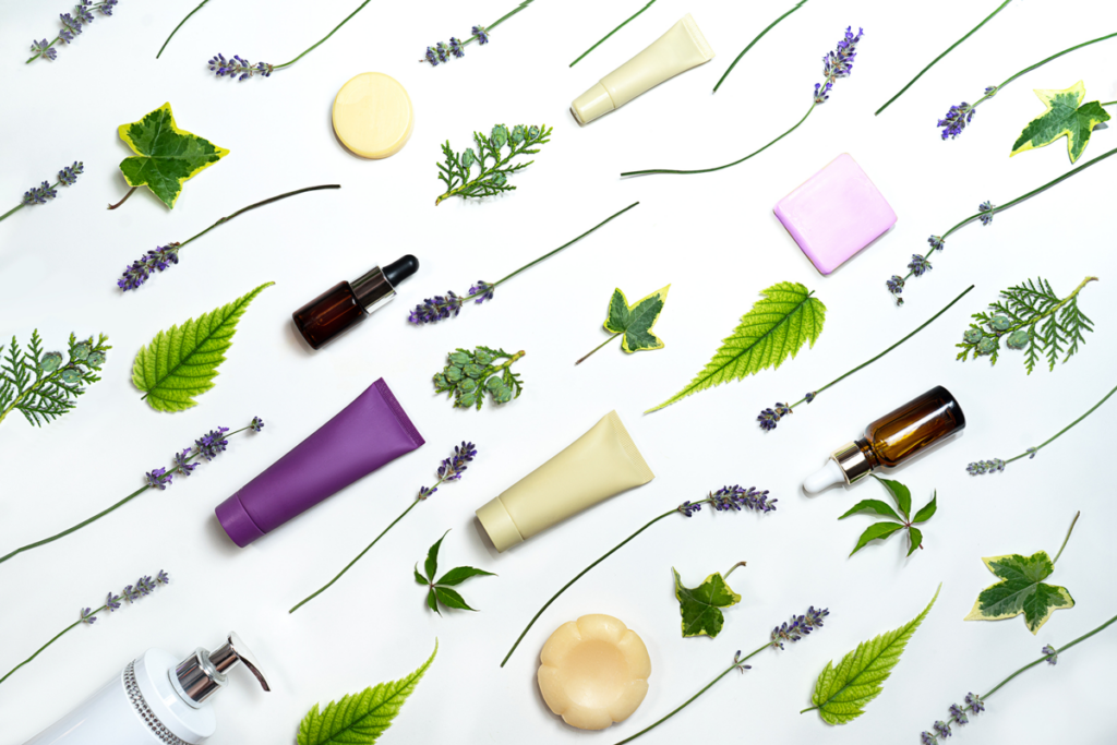 An arrangement of lavender products on a white background.