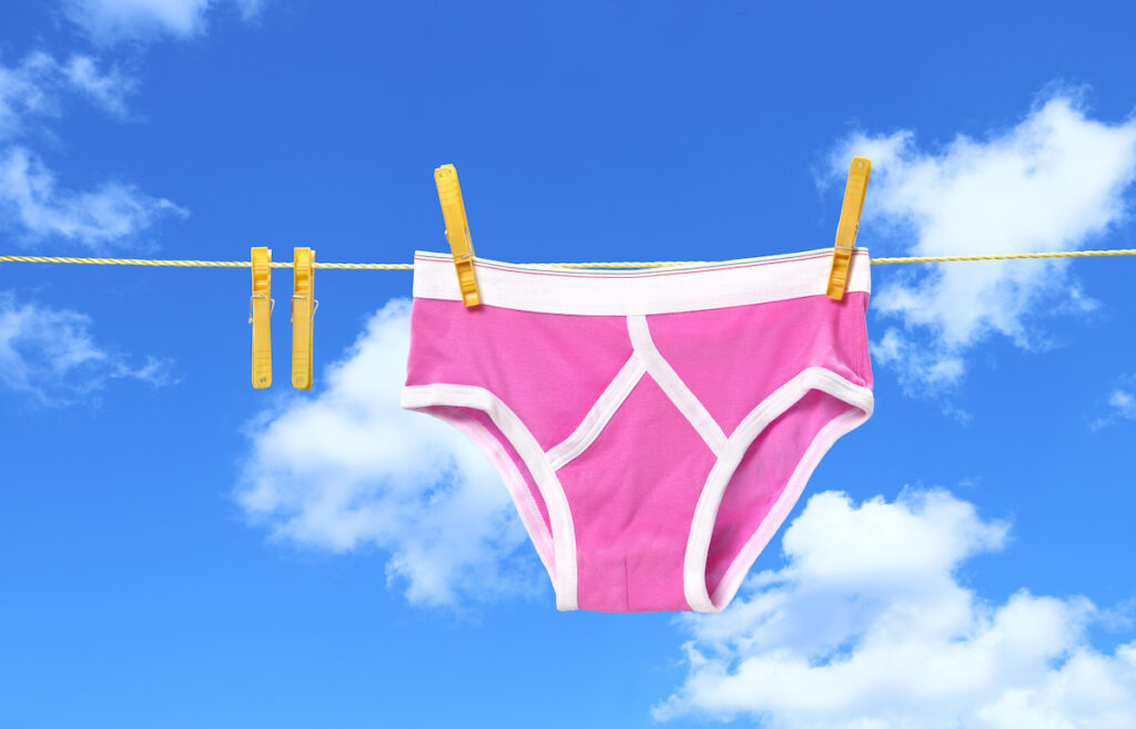 Pink underwear is seen against a blue sky on a washing line.