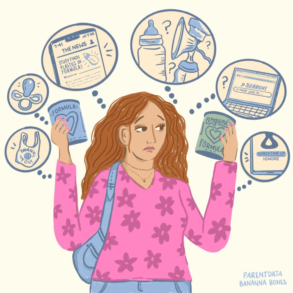 Illustration of person with thought bubbles filled with panic headlines.