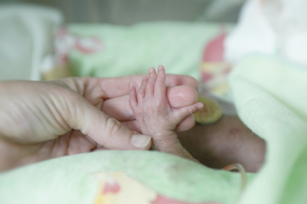 A parent holds the tiny hand of a pre-term infant in the hospital.