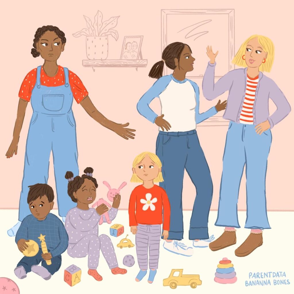 An illustration of a playdate for the ParentData village by Bananna Bones.