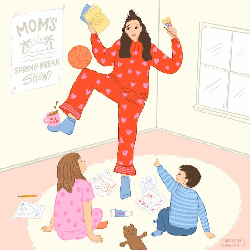 Illustration of a parent balancing toys, books, and a ball, while the kids are stuck at home.
