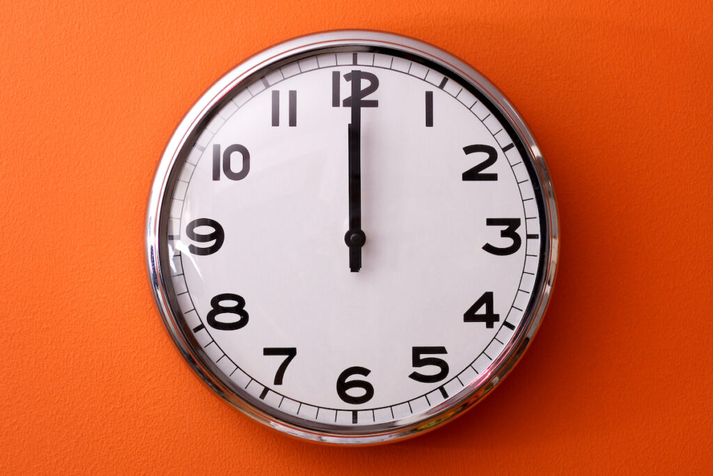A clock at 12:00 midnight, overnight wake-ups with perimenopause.