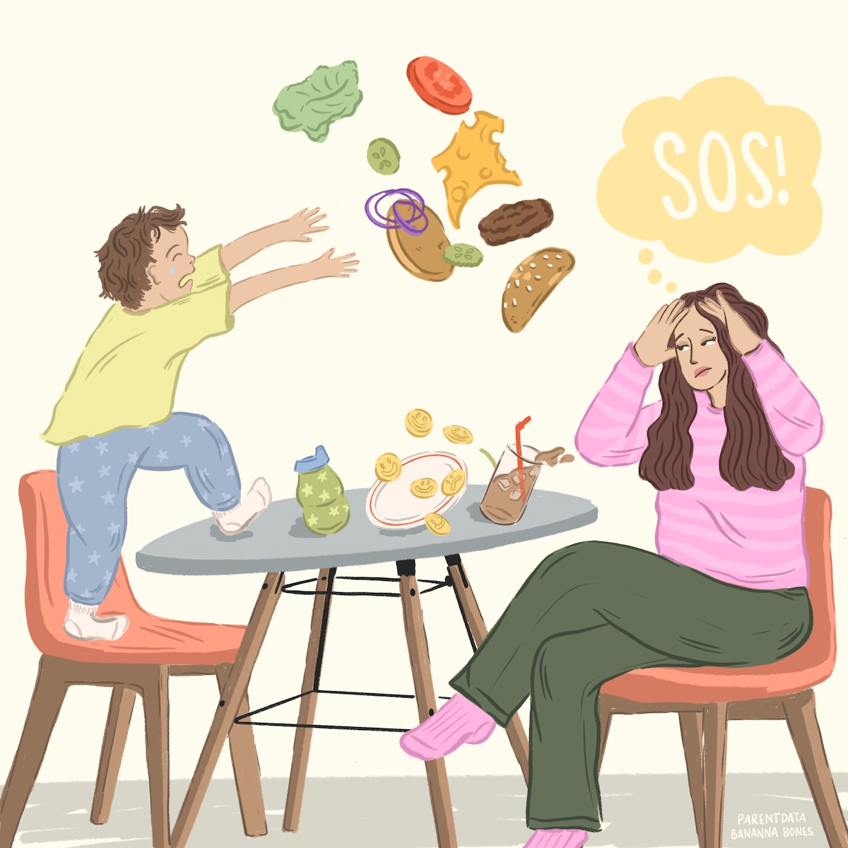Illustration of toddler throwing food and stressed parent