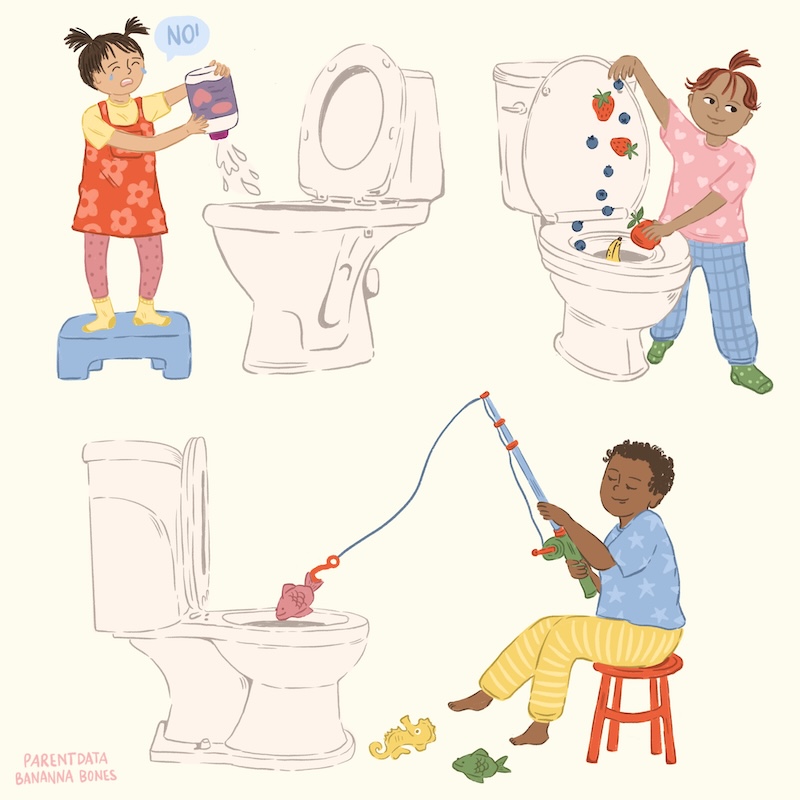 Illustrations of different children doing different silly things to the toilet
