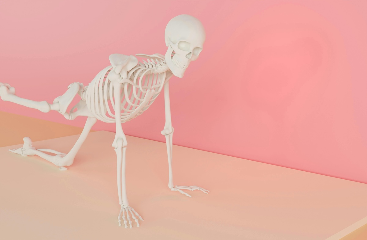 Skeleton doing yoga representing bone health in menopause