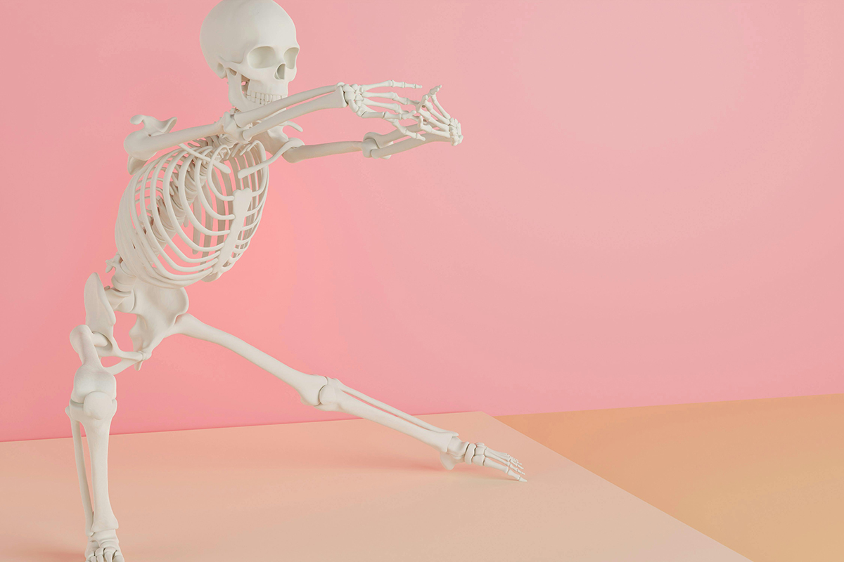 Skeleton doing yoga representing bone health in menopause