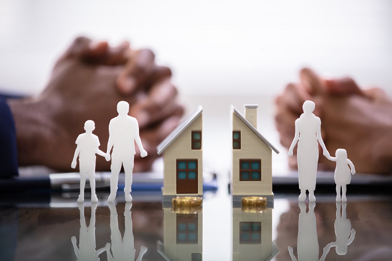 The clenched fists of two parents are foregrounded by a divided house.