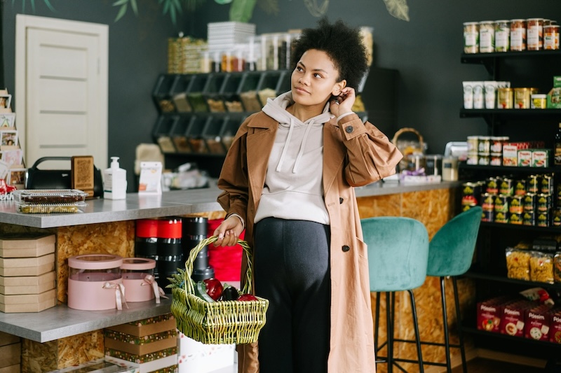 Person looking skeptical in small supermarket