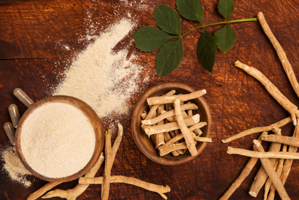 Ashwagandha roots , leaves and powder