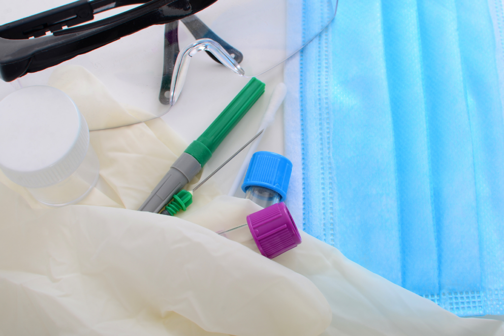 Mask, gloves, test tubes, eye protector, iv line.