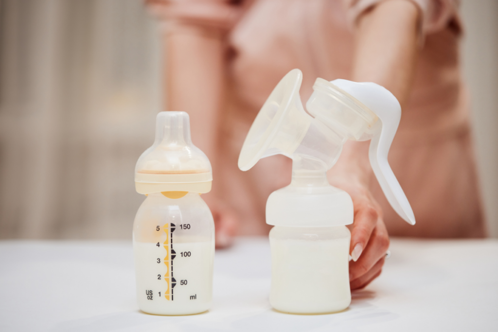 A breast pump and a bottle.