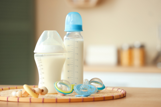 Bottles of breastmilk and formula.